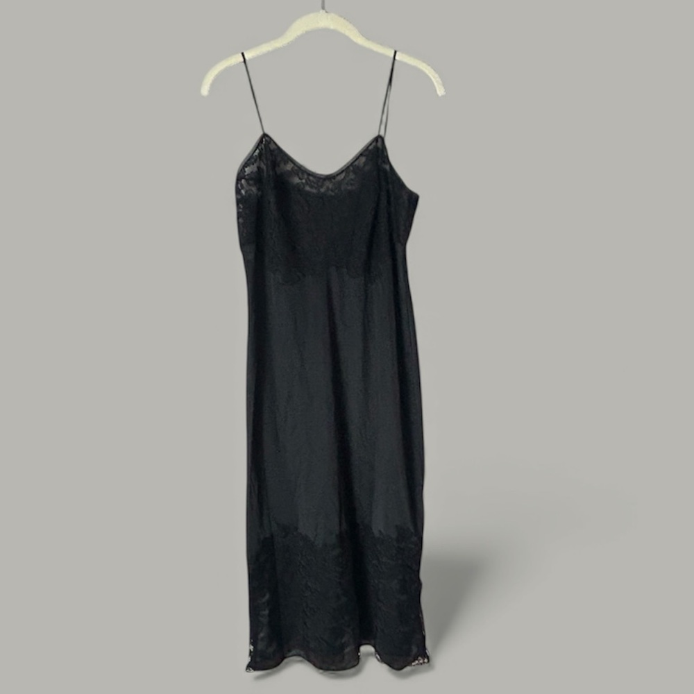 Vintage Black Lace Trim Chemise Slip Dress Medium